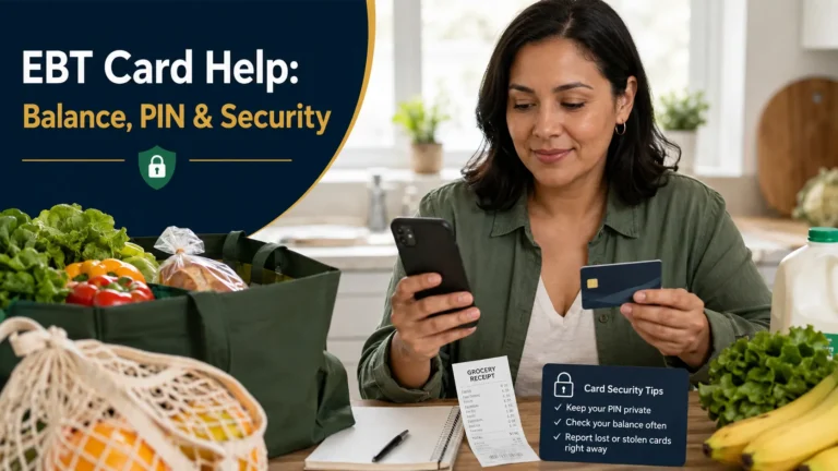 EBT card safety infographic showing balance checks, PIN security, transaction review and lost-card reporting