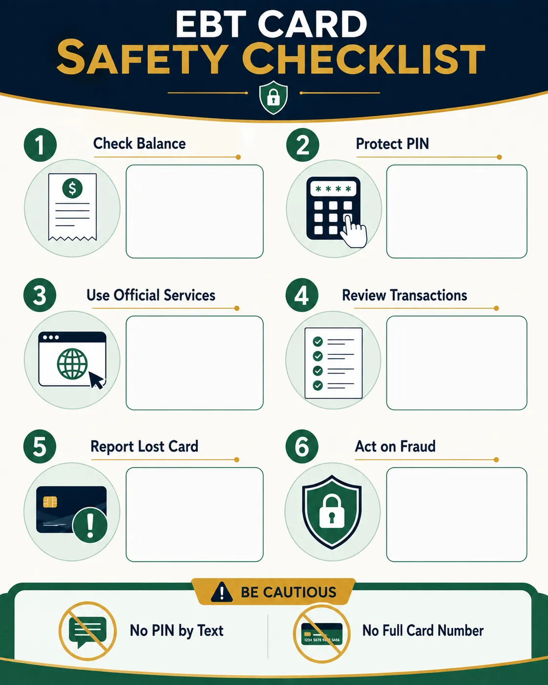 EBT card safety infographic showing balance checks, PIN security, transaction review and lost-card reporting