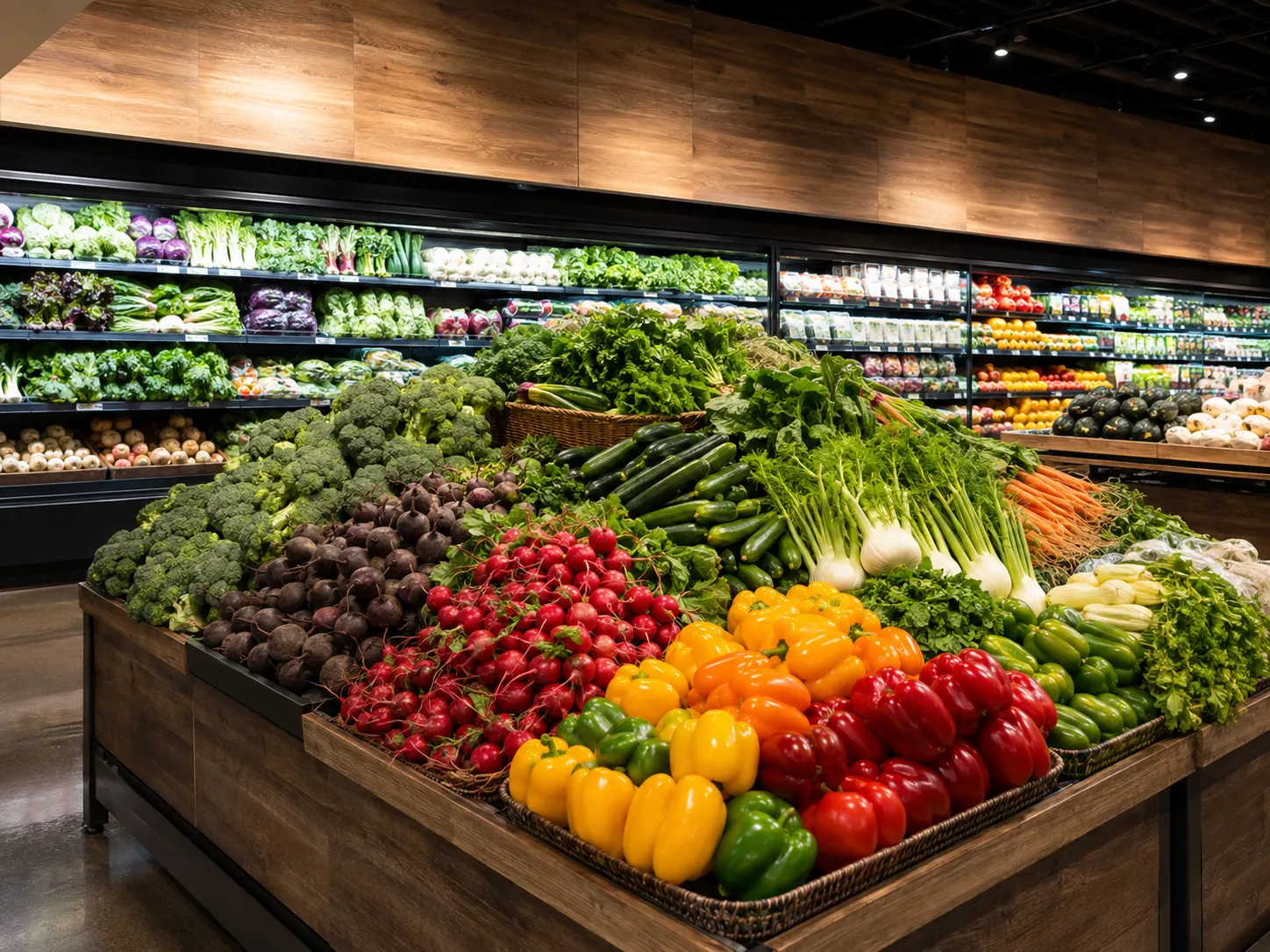 Fresh fruits and vegetables in a grocery store produce section