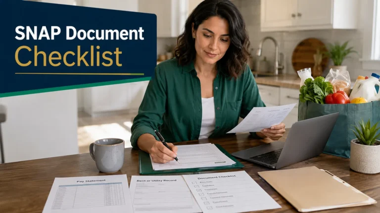Person organizing income, housing and other documents commonly used during a SNAP application