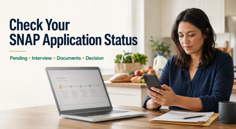 Person checking SNAP application status online while reviewing application documents