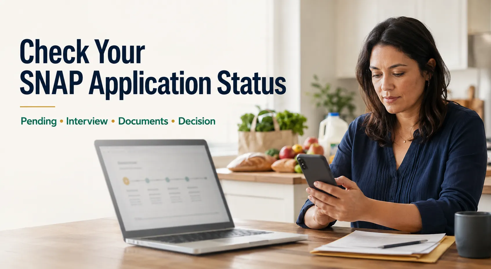 Person checking SNAP application status online while reviewing application documents