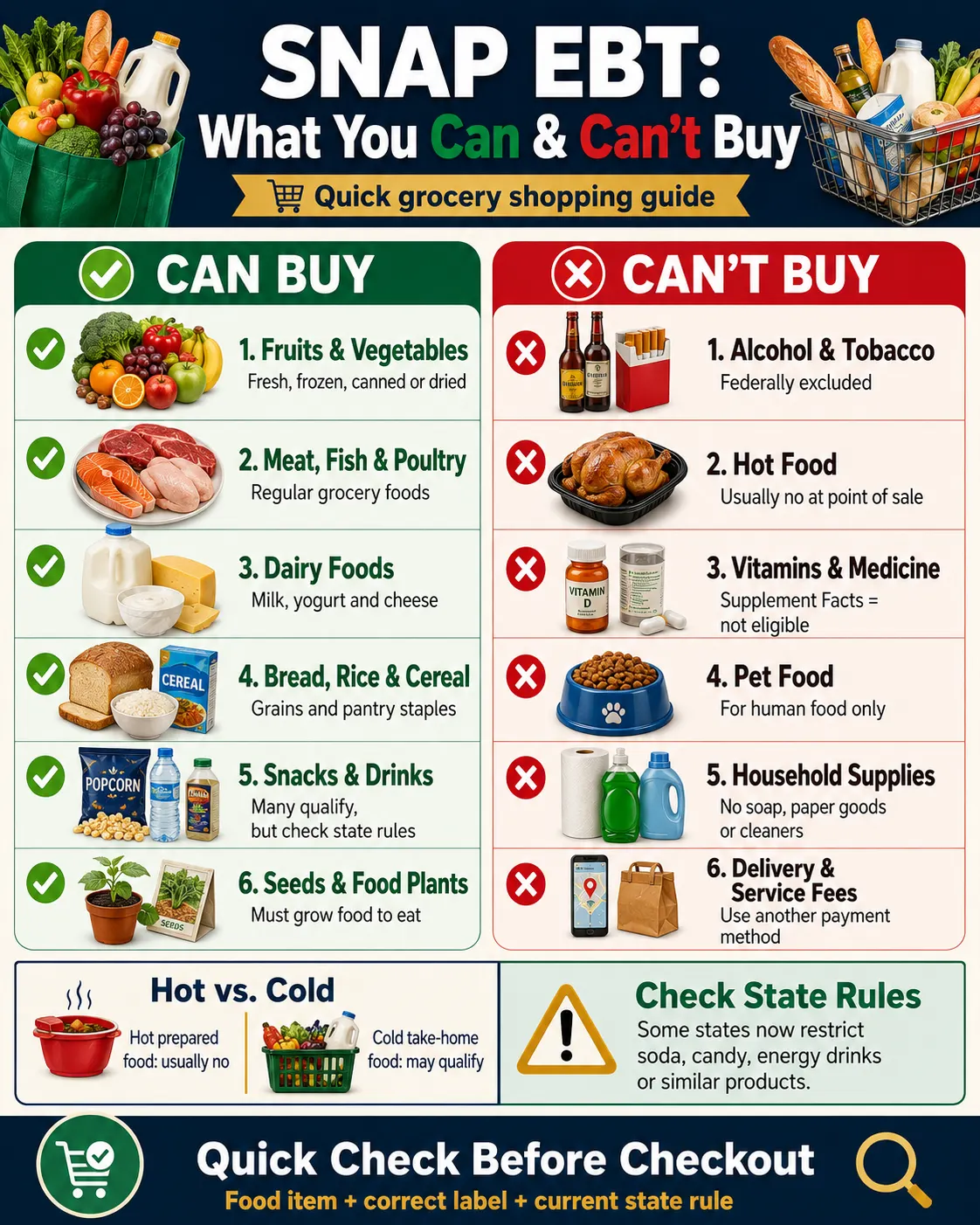 Infographic showing foods SNAP EBT can buy and items SNAP generally cannot pay for