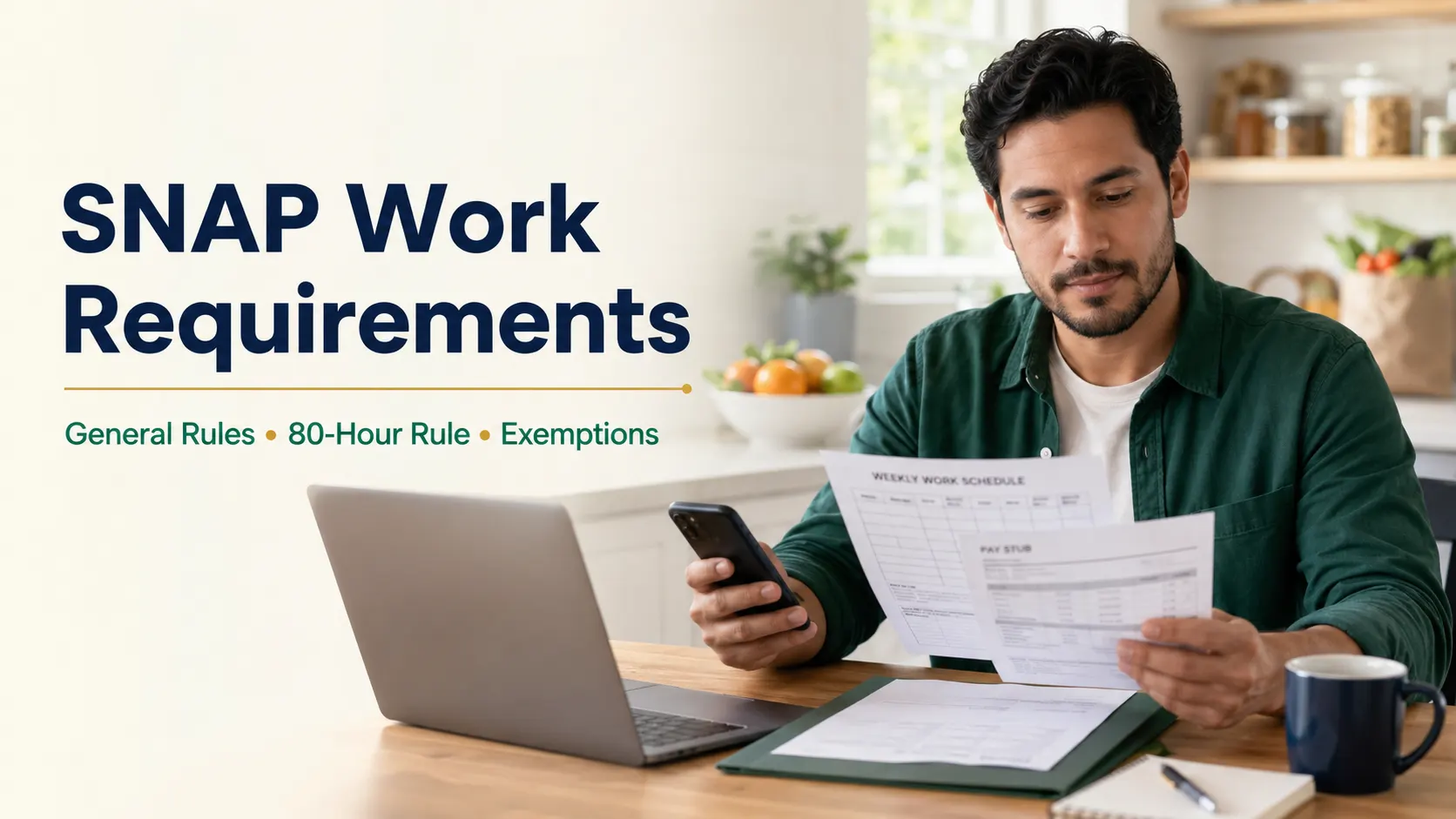 SNAP Work Requirements 2026: ABAWD Rules, 80-Hour Requirement & Exemptions 1 Adult reviewing work hours and documents while learning about SNAP work requirements