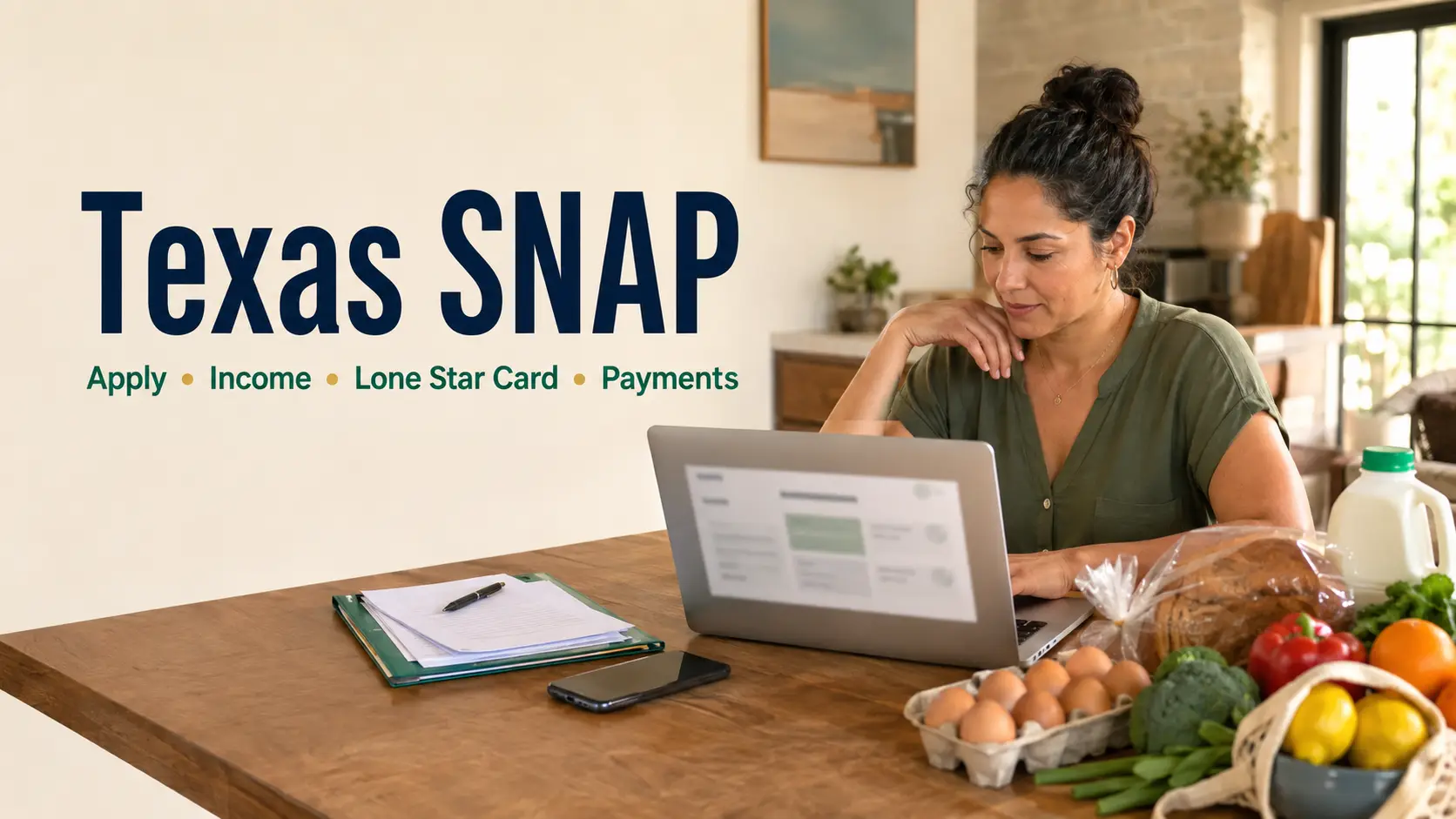 Texas resident reviewing SNAP application information and household documents online