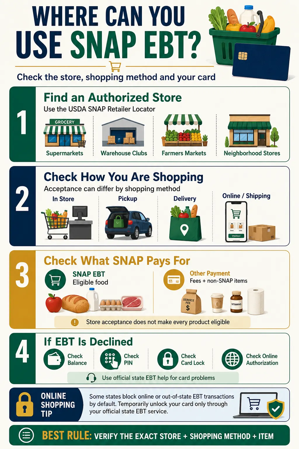 Stores That Accept EBT 2026: Walmart, Costco, Aldi & More 2 Infographic explaining how to find SNAP EBT stores and check in-store, pickup, delivery and online acceptance