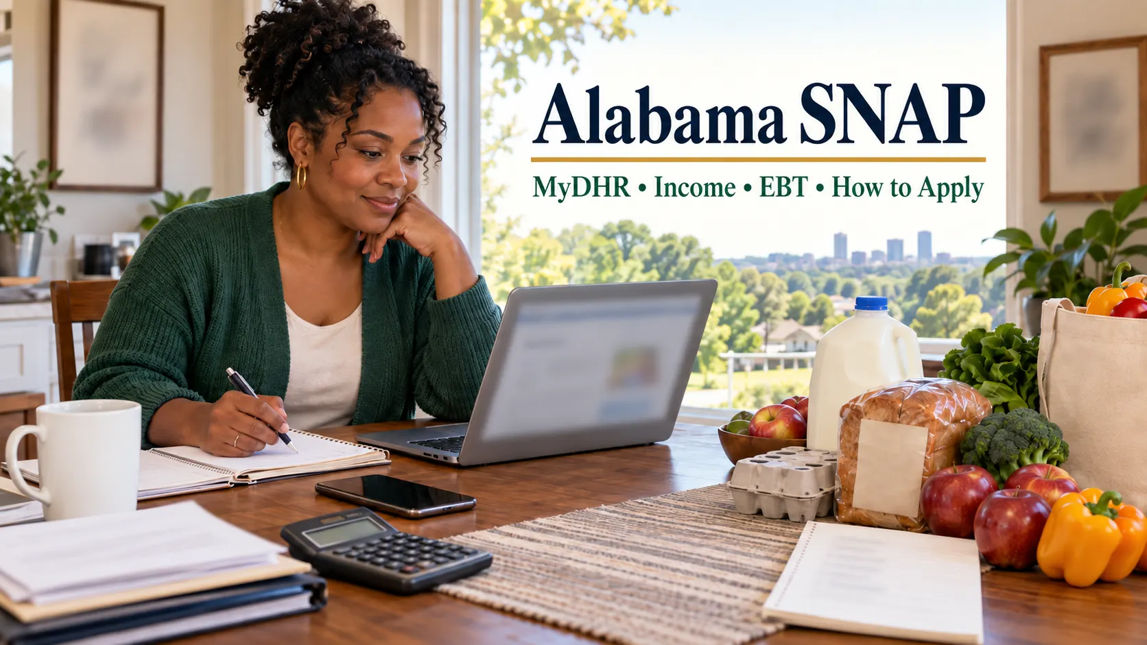 Alabama resident reviewing a SNAP application online at a kitchen table with groceries, calculator, smartphone and household documents.