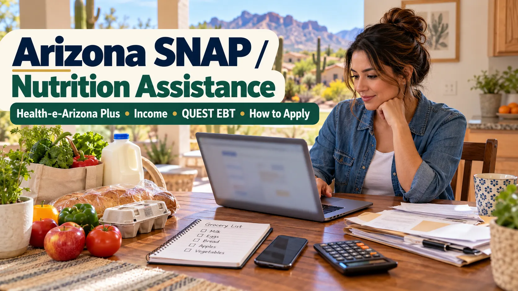 Arizona resident reviewing a SNAP Nutrition Assistance application online with groceries, household documents, smartphone and calculator.