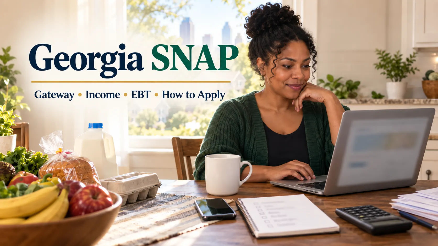 Georgia resident reviewing a SNAP application online at a kitchen table with groceries, calculator, smartphone and household paperwork.