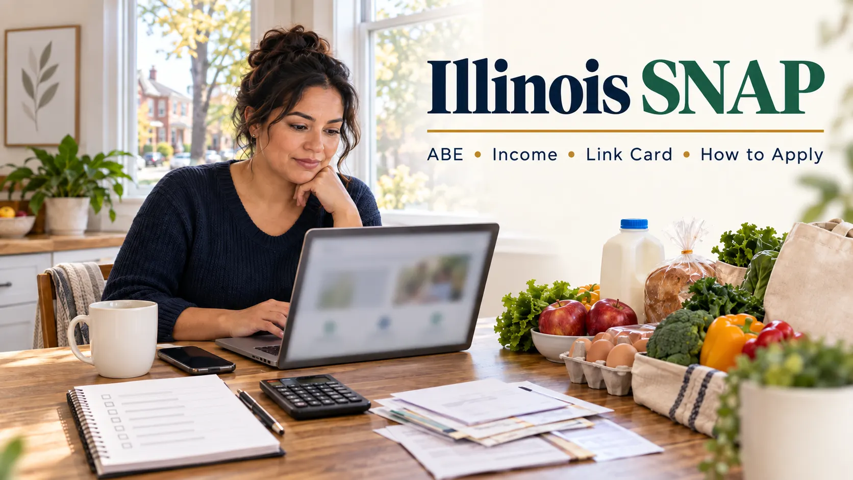 Illinois Food Stamps (SNAP) 2026: Income Limits, Link Card, ABE & How to Apply 1 Illinois resident reviewing a SNAP application online with groceries, household paperwork, calculator and laptop at home.