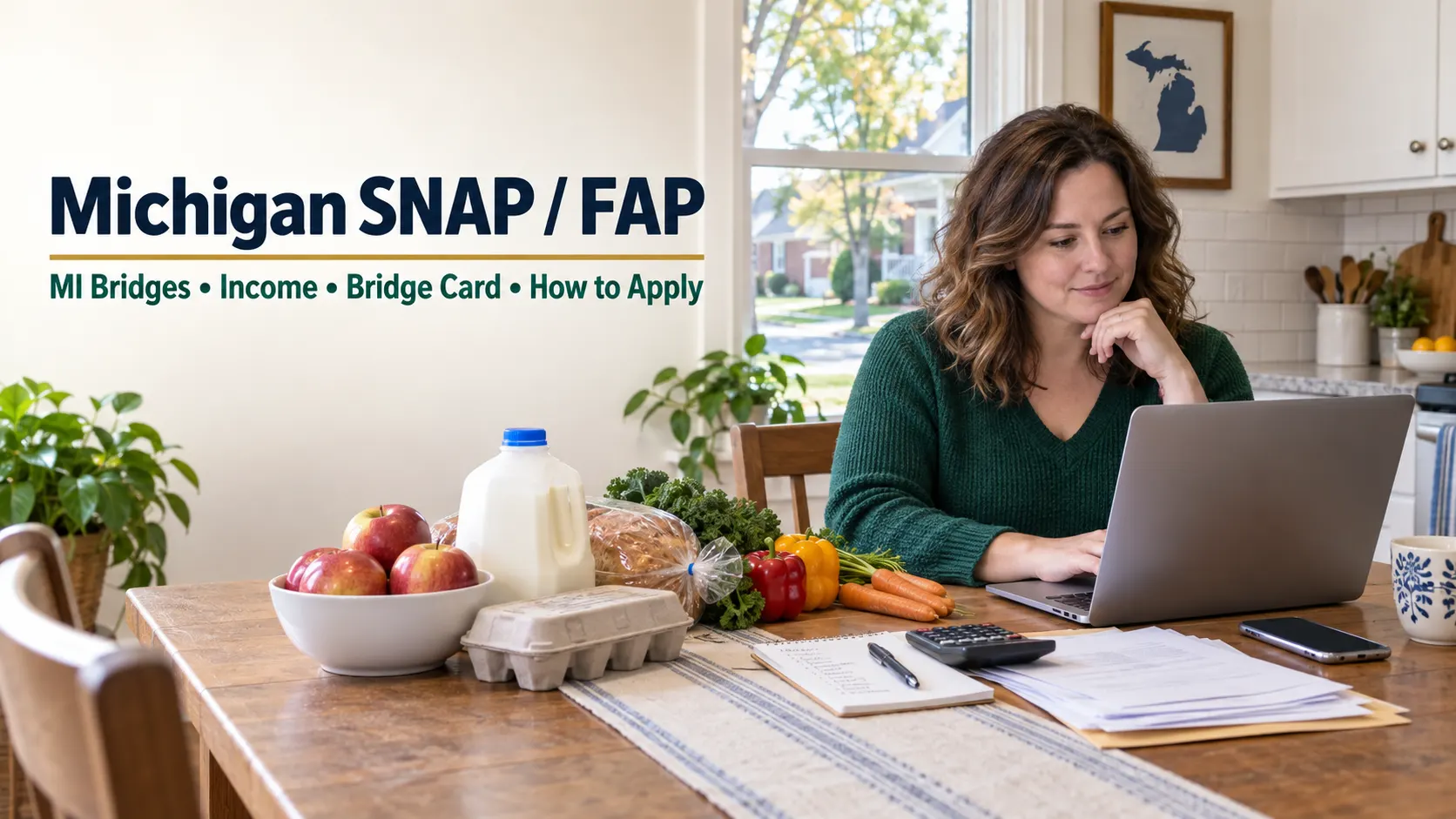 Michigan resident reviewing a SNAP Food Assistance Program application on a laptop with groceries and household paperwork