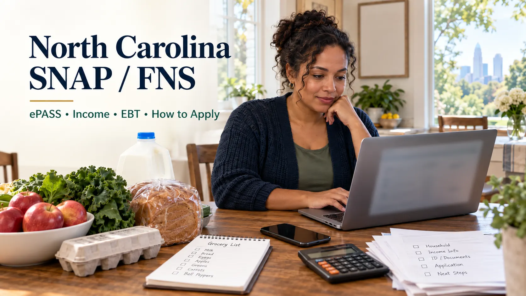 North Carolina parent reviewing SNAP and Food and Nutrition Services application information on a laptop with groceries, household papers, smartphone, and calculator.