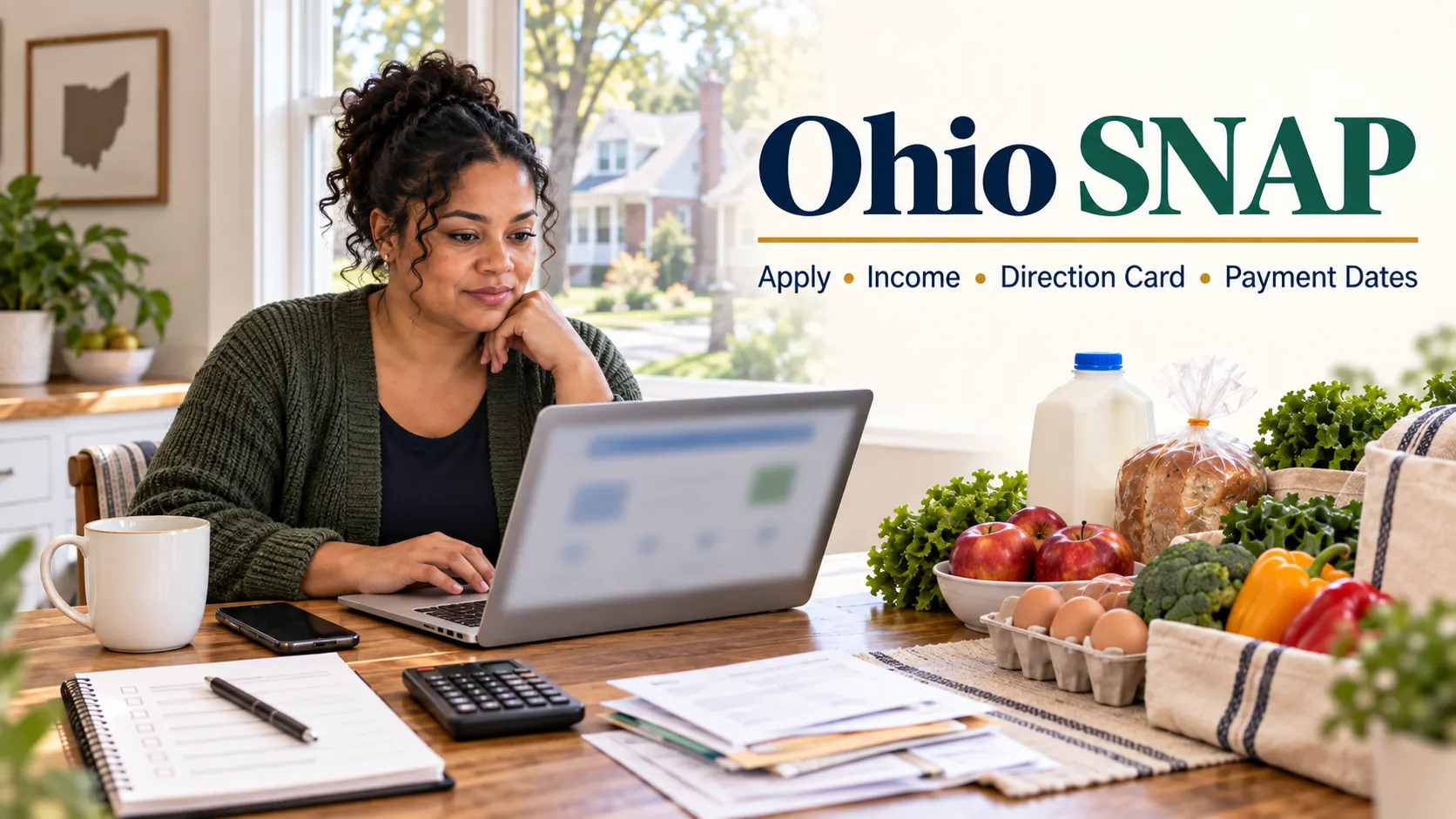 Ohio resident reviewing a SNAP application online at a kitchen table with household paperwork, calculator, grocery list and groceries.