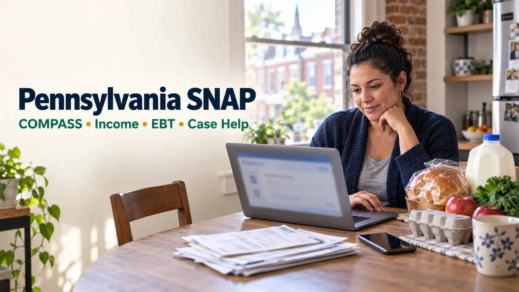 Pennsylvania resident reviewing SNAP application, rent documents and household information online