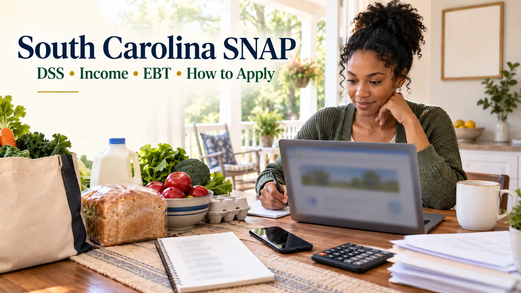 South Carolina resident reviewing a SNAP application online at a kitchen table with groceries, calculator, smartphone and household paperwork.