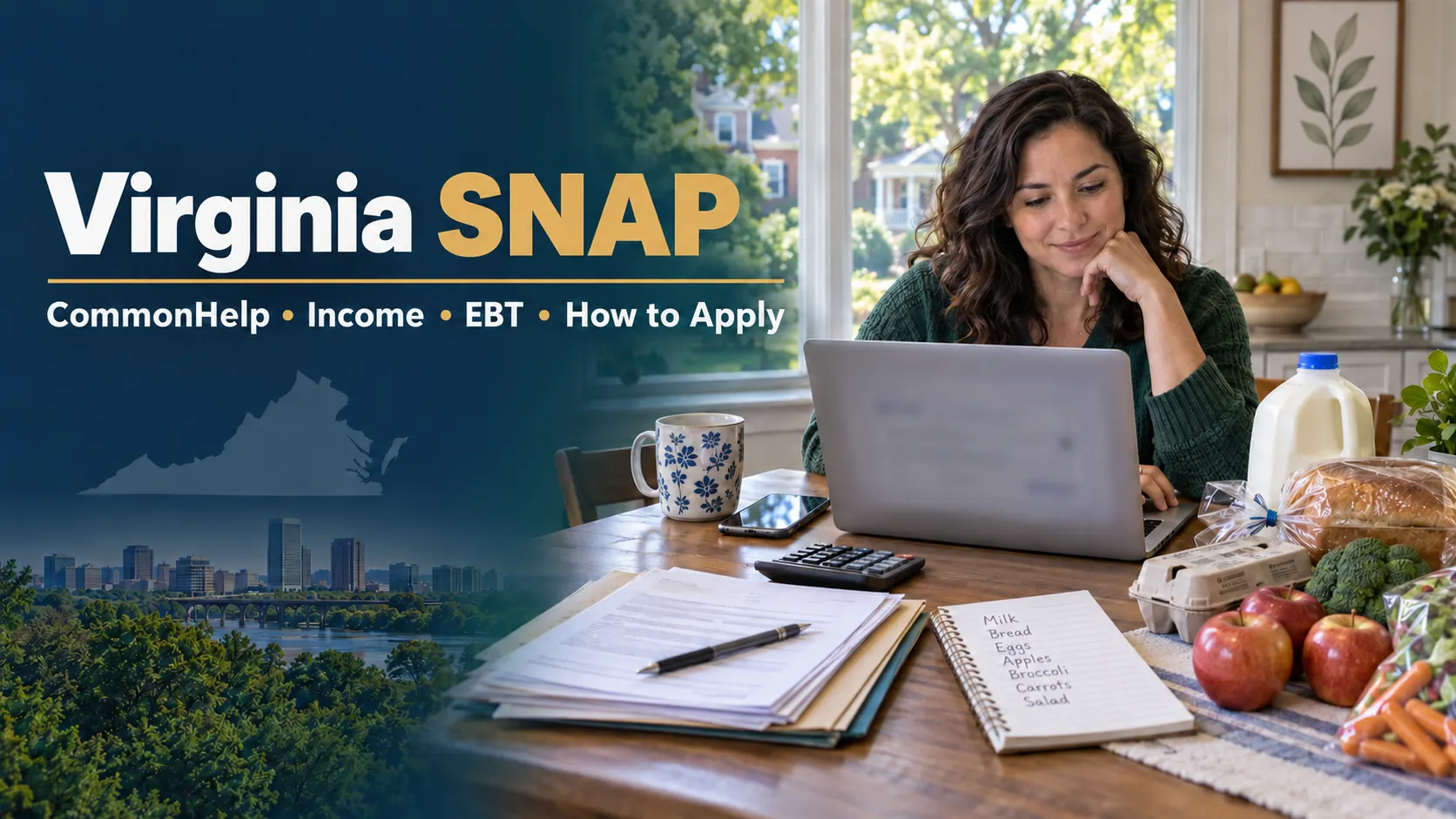 Virginia resident reviewing a SNAP application online at a kitchen table with groceries, calculator, smartphone and household documents.