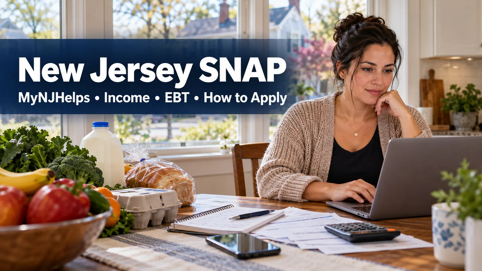 Parent reviewing a New Jersey SNAP application on a laptop at a kitchen table with household paperwork and groceries.